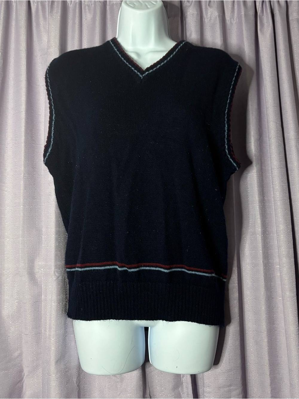 Men's Navy V-Neck Sweater Vest with Contrast Trim